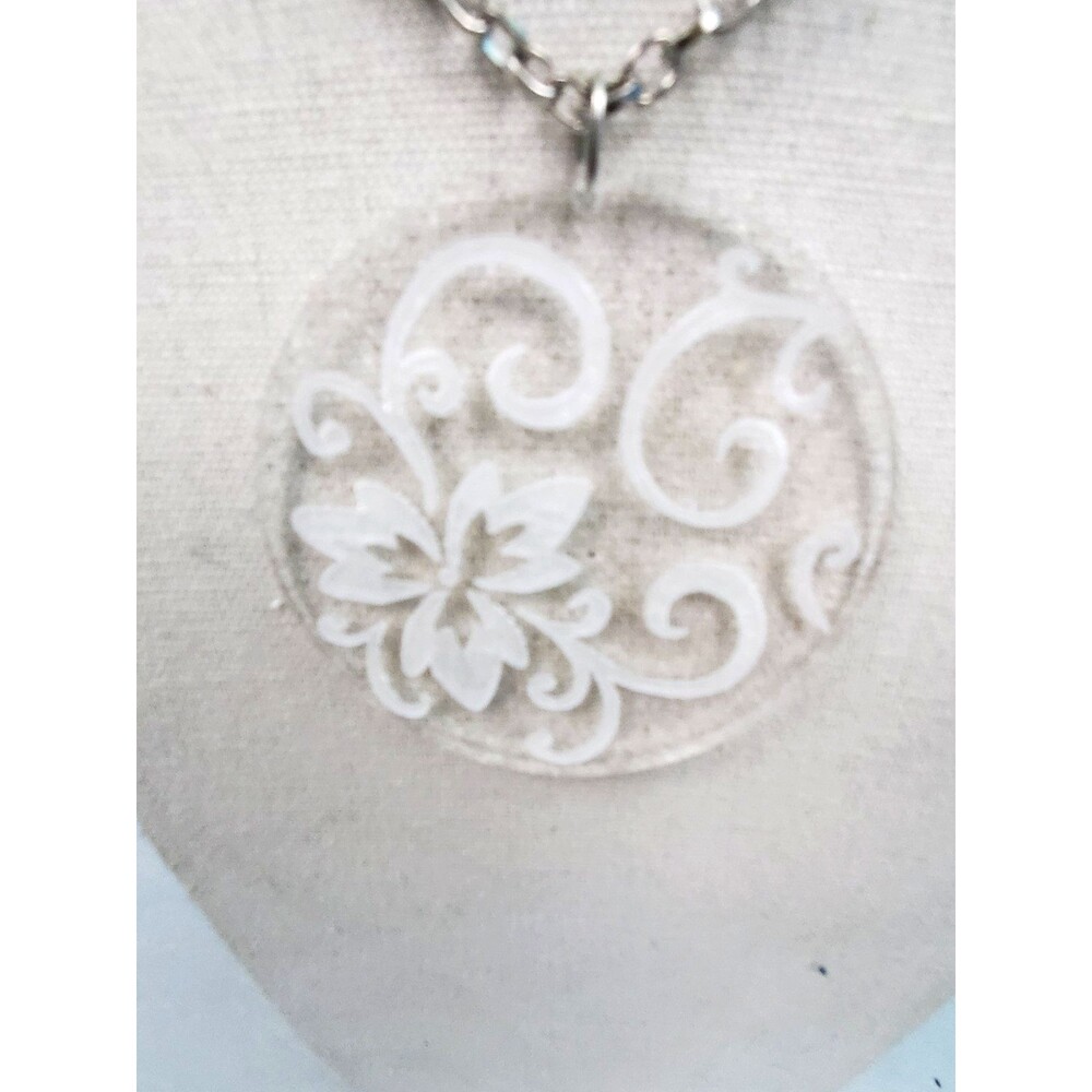 Etched Clear White Floral Round Textured Disk Pendant Necklace Silvertone Chain